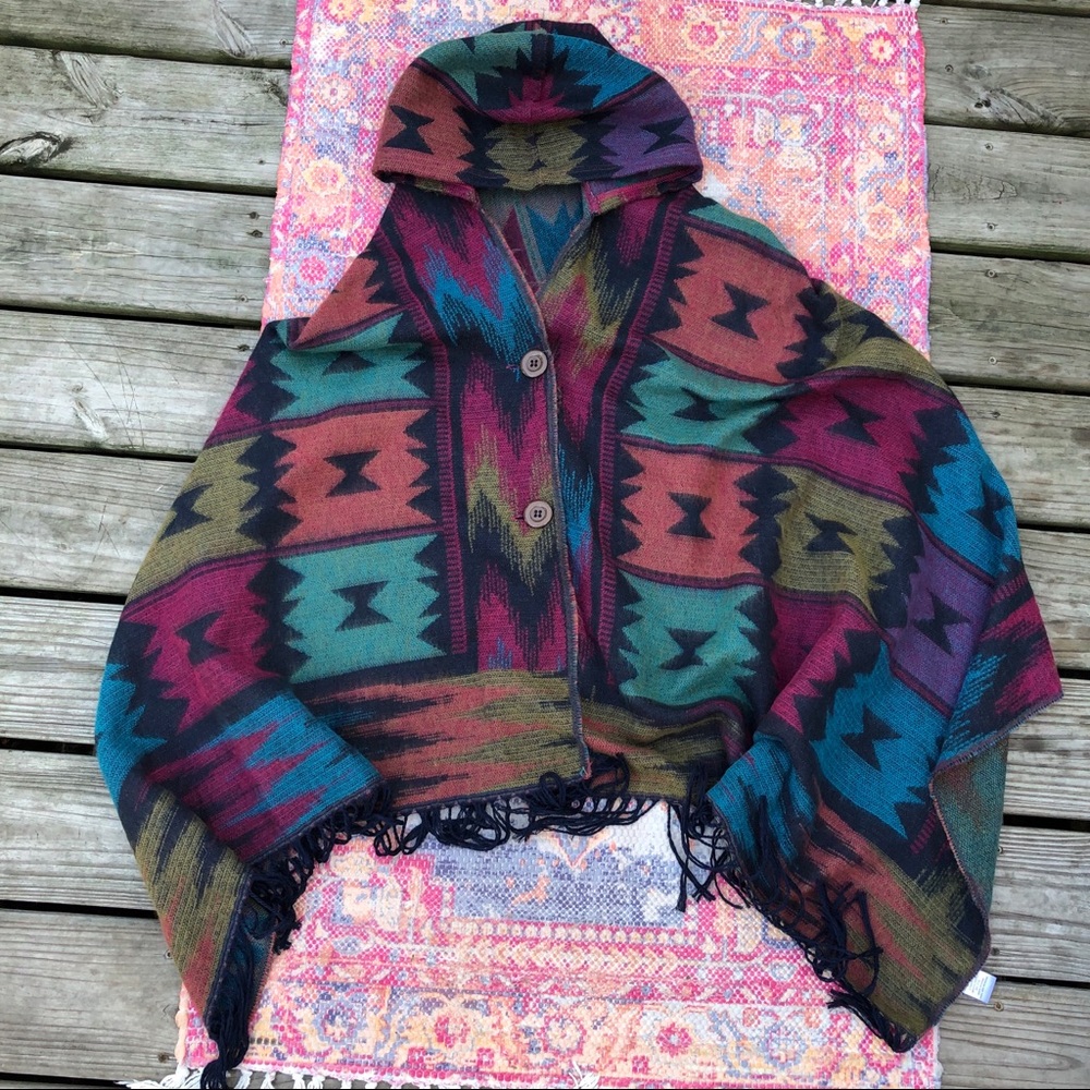 Colorful western woven hooded poncho